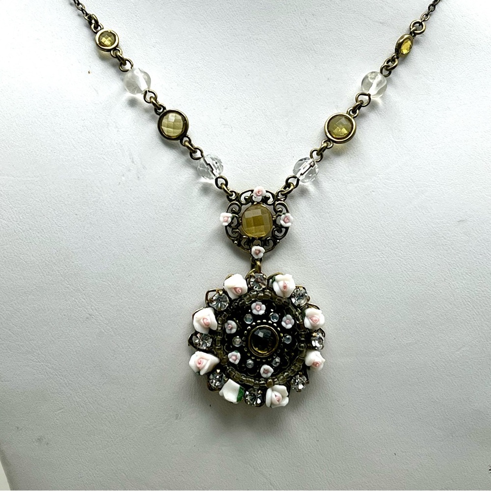 Vintage Cookie Lee Porcelain Rose & Crystal Statement Necklace